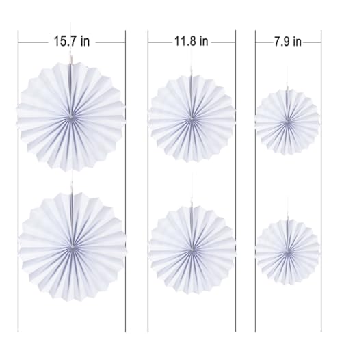 Image of MOWO White Paper Fans Hanging Decoration, 6pc | Birthday, Wedding, Baby Shower, Graduation, Retirement Party