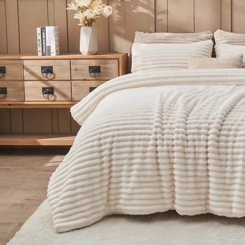 Jameswish Fluffy Comforter King Set - Soft Flannel Faux Fur Comforter Cream White Winter Warm Fleece Bedding Set, Fuzzy Bed Bet 3 Pieces, 1 Shaggy Comforter with 2 Pillowcases