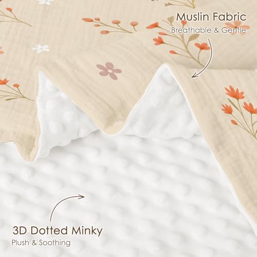 Image of Floral Baby Blankets for Girls, Soft Nursery Minky Blankets with Muslin and Dotted Fleece Back 30x40 inches, Receiving Bed Quilt for Newborn, Infants, Toddlers