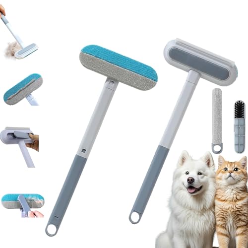 CWENDANER 4 in 1 Spazzola elettrostatica per peli di animali domestici (confezione da 2) con asta di prolunga - Spazzola riutilizzabile per peli di cani e gatti su divani, auto, mobili e tiragraffi