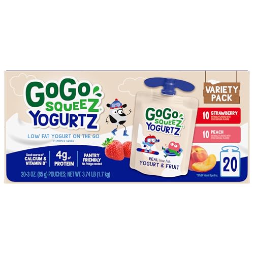 Image of GoGo squeeZ YogurtZ Variety Pack,Strawberry & Peach,3 oz,Kids Snacks Made with Real Yogurt and Fruit,No Fridge Needed,Gluten Free,Nut Free,Recloseable Cap,BPA-Free Pouches,(Pack of 40)