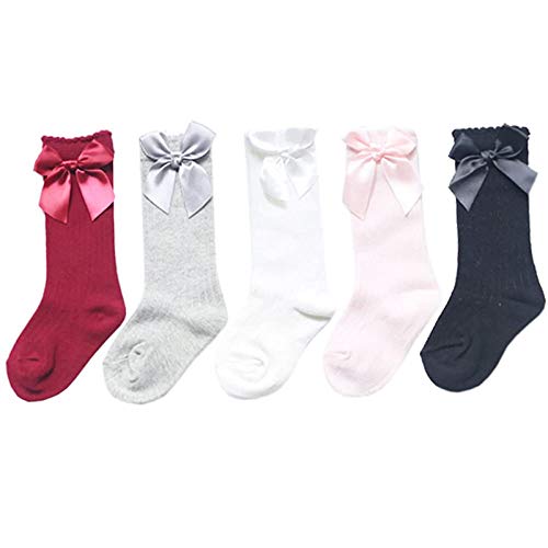 5PC Baby Girls Knee High Socks Toddlers Tube Ruffled Bow Stockings Newborn Cotton Princess Frilly Socks