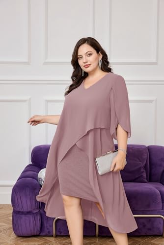 Image of Hanna Nikole Womens Plus Size Chiffon Cocktail Dress Ruffle 3 /4 Sleeve Wedding Guest Party Dresses with High Low Hem
