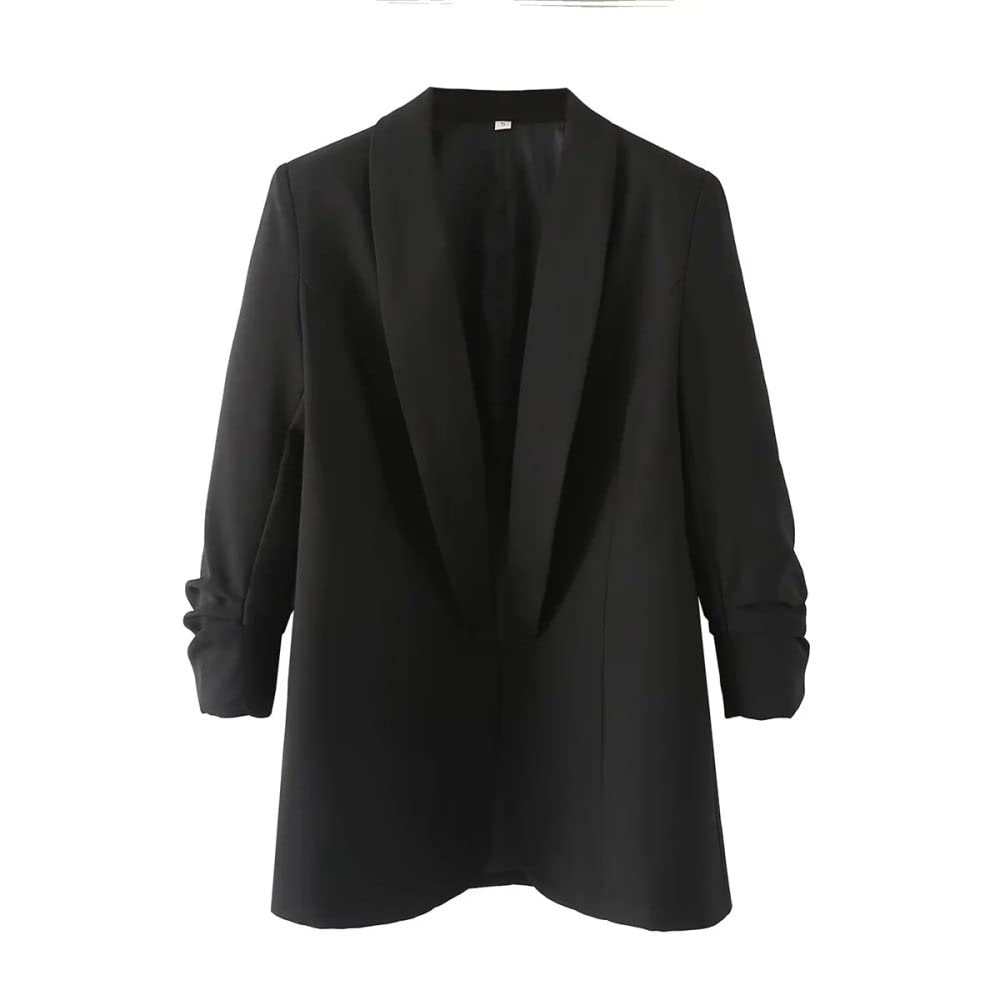 Cremefarbener 3/4 Blazer mit Gerüschten Ärmeln Für Damen, Schlichter Schal Revers Cardigan mit Offenem Vorderteil, Komplett Gefütterte Anzugjacke, Lässige Formelle Büroarbeit, Elegant