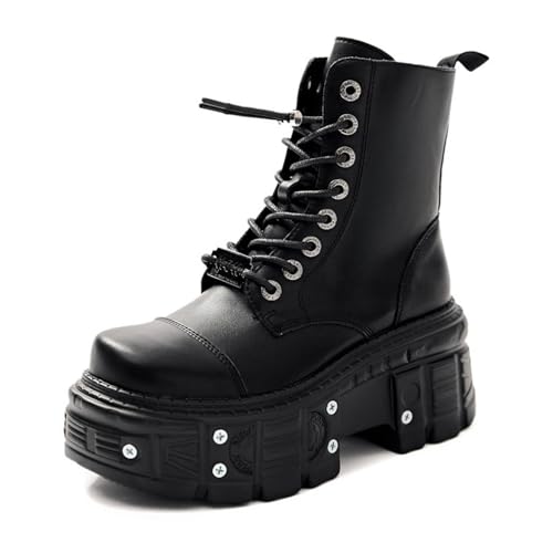 Women's Leather Rivets Punk Platform Heighten Combat Boots With Side Zipper Goth Lace Up Round Toe Block Chunky Heel Mid-Calf Booties For Motorcycle Riding