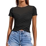 Men's Mesh Jumpsuit Sheer Bodysuit Crew Neck Short Sleeve Transparent Shirt T Shirt Women (Black, L)