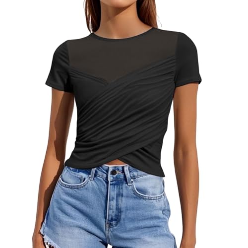 Men's Mesh Jumpsuit Sheer Bodysuit Crew Neck Short Sleeve Transparent Shirt T Shirt Women (Black, L)