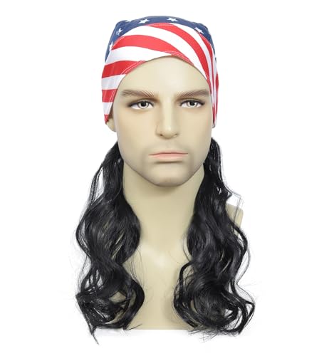 Image of Men's Mullet Wig with USA Flag Bandana, Long Curly Synthetic Wig, 80s Rocker Patriotic Costume Wig for Halloween, 4th of July and Cosplay (Black)