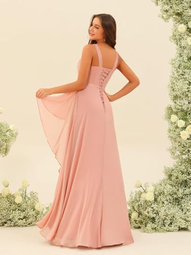 Clothfun Ruffle Chiffon Bridesmaid Dresses Long with Pockets 2025 Square Neck Evening Gown with Slit for Women CY0293