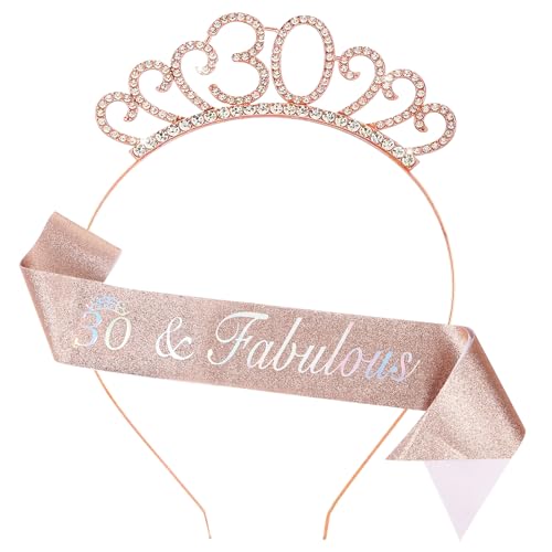 30th Birthday Decoration for Women,Rose Gold Birthday Sash and Headband for Girl Women's 30th Birthday Party Decor