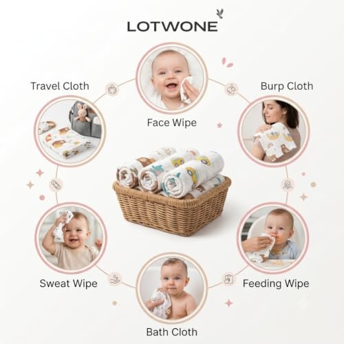 Image of 6 Layer Muslin Cotton Baby Wash Cloths Pack of 5, 25x25 cm | Soft Baby Face Towels for Newborns | Absorbent Reusable Burp Cloths, Feeding Wipes & Baby Napkins