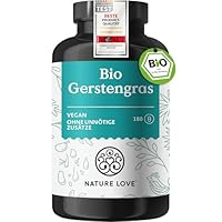 NATURE LOVE® Bio Gerstengras - 180 Kapseln - 500mg pro Kapsel - aus deutschem Anbau - - Hochdosiert, laborgeprüft, zertifiziert Bio, in Deutschland produziert