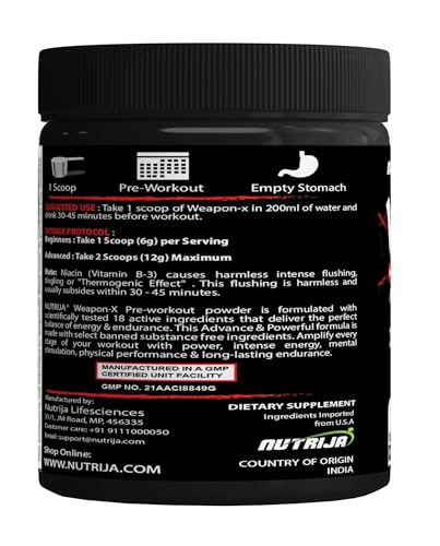 Image of NutriJa Weapon-X Pre-Workout Powder with 21 Active Ingredients - 3 Best Forms of Creatine, AAKG, Beta-Alanine, Caffeinated | Pumps, Viens Popping, Energy, Focus & Strength (30 Servings (Mango))