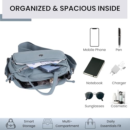 Image of TS WITH TECHSUN Small Women Crossbody Sling Bag Handbag for Travel Office Use, Water Resistant Nylon Shoulder Purse, Adjustable Strap Multipocket Organizer (25(L) X 19(H) X 9(W) CM)