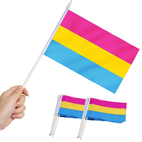 Anley Pansexual Pride Miniaturflagge, 5x8 Zoll Handheld Stick Flagge mit 12' weißem Solid Pole - lebendig in Farbe und Fade resistent - 5 x 8 Zoll Handgehaltene Mini-Flaggen mit Speerspitze
