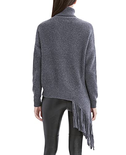 Bcbgmaxazria Womens Long Sleeve Turtleneck With Asymmetrical Fringe Hem Pullover Sweater, Medium Heather Grey, X-Small Us #TOP12