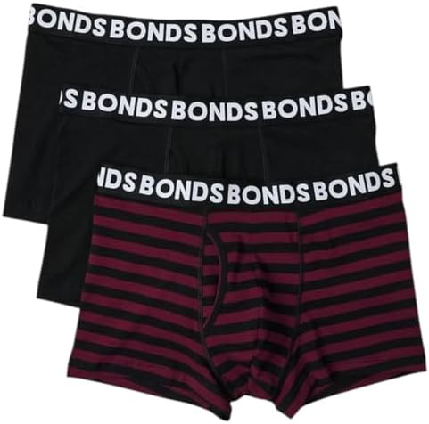 Bonds 3 x Mens Classic Trunks Black/Burgundy Underwear S Black/Burgundy