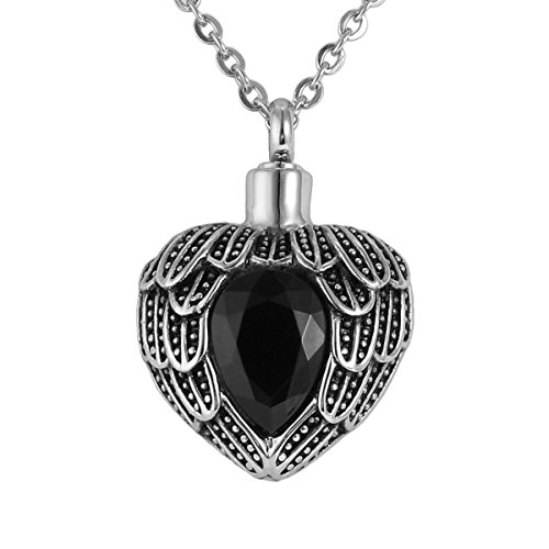 Valyria Angel Wing Birthstone Memorial Urn Necklace Stainless Steel Waterproof Cremation Jewelry,Black #TOP11