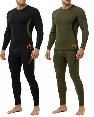 Patelai 2 Pack Men Thermal Underwear Set Fleece Lined Base Layer Set Gear Winter Hunting Top Bottom for Cold Weather Gift(Black, Army Green,L)
