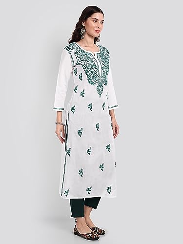 Image of Seva Chikan Hand Embroidered Lucknowi Chikankari Regular Straight Cotton Kurta Kurti for Women SCL4243