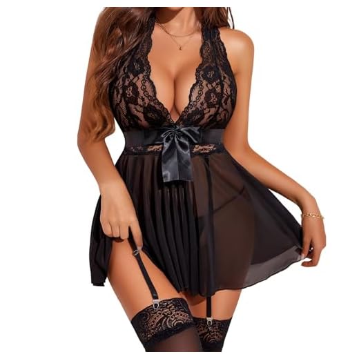 ROSVAJFY Dentelle Nuisette Dos Nu Sexy avec Bas, Ensemble Babydoll Lingerie Transparente avec Jarretières, Chemise de Nuit Coquine à Lacets Nœud Robe Nuit Saint Valentin sous-Vêtements (Noir)
