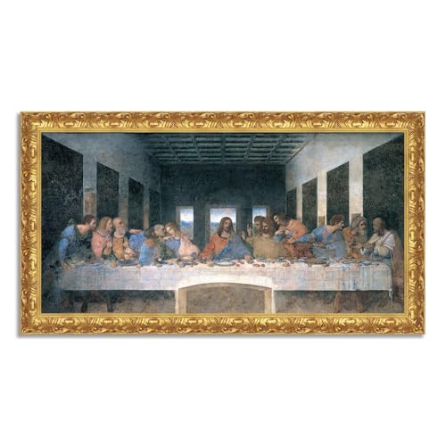 LuxHomeDecor Leonardo da Vinci - L'Ultima Cena - Quadro stampa su tela effetto dipinto con cornice in legno oro classico - 90x50 cm