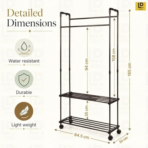 Image of LEOPAX Premium Cloth Rack Stand for Clothes | Double Rod Garment Rack with Shelves & Wheels, Heavy Duty Metal Clothes Organizer, Portable Wardrobe Hanger Stand for Bedroom, Living Room & Closet