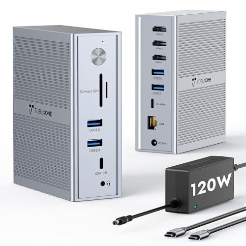 مانیتور TobenONE DisplayLink Docking Station 3، 14 در 1 USB C مانیتور سه گانه برای M1 M2 M3 M4 MacBook/Mac mini، Windows، Chrome (3HDMI، منبع تغذیه 120 وات، 5 USB، اترنت، SD/Micro SD