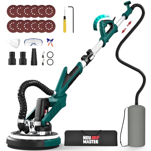 NEU MASTER Drywall Sander, 800W 6.5-Amp Electric Wall Sander with Vacuum, Popcorn Ceiling Removal Tool with Variable Speeds 900-1800RPM, Foldable & Extendable Handle, LED Light, 12pcs Sanding Discs