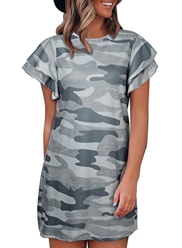 GOSOPIN Women Boat Neck Camo Boho Beach Dress Ruffled Short Sleeve Summer Tunic Dresses Casual Tshirt Mini Sundress X-Large Gray