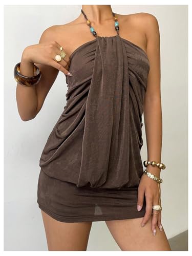 Milumia Women's Y2k Draped Front Halter Dress Tie Backless Mini Dresses Concert Festival4