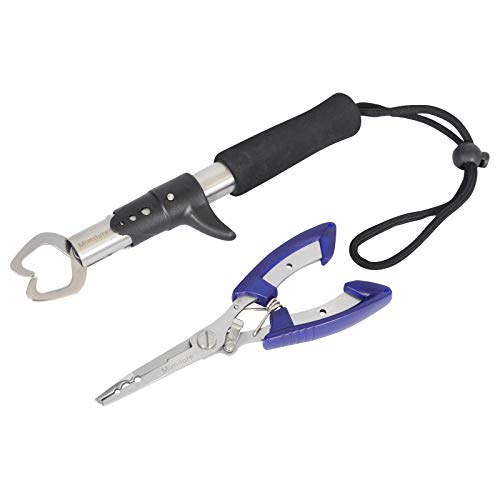Mimilure Stainless Steel Fish Lip Grip And Fishing Pliers With Lanyard Fish Tool Sets For One-Hand Operated Fish Holder/Split Ring/Braid Cutter/Hook Remover (Blue Plier+Gripper) #TOP3