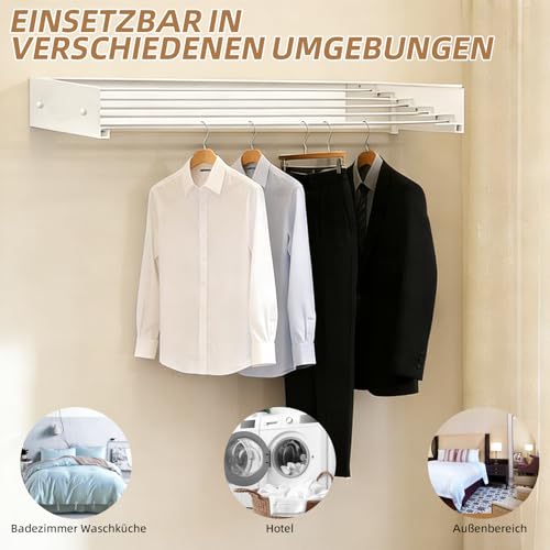 Wäscheständer, Wandmontage aus Kohlenstoffstahl, 60 cm ausziehbare Wäscheleine mit 4 Haken, Tragkraft 25 kg, platzsparender Handtuchhalter, geeignet für Balkone, Terrassen und Badezimmer (Weiß)