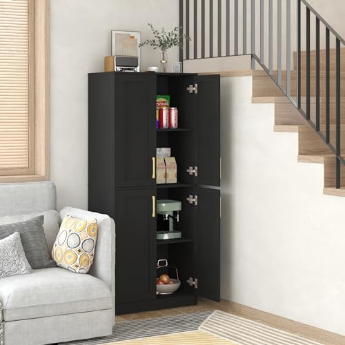 Black Tall Storage Cabinet with Doors & Shelf for Kitchen, Bathroom, Living Room, and Entryway