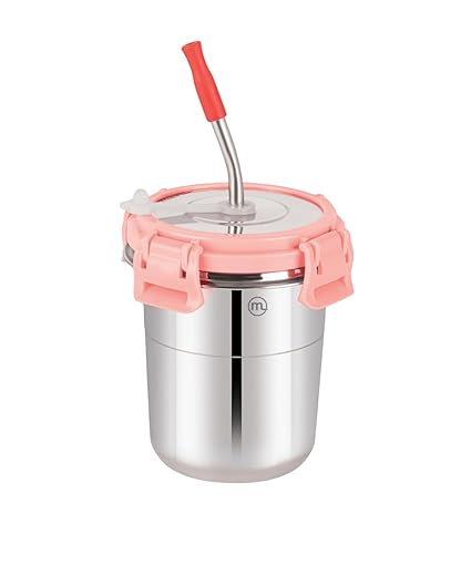 Mishaa 300ml Stainless Steel Tumbler for Kids 1 Pc, Stylish Drinkware with Leak-Proof Straw, Secure Lid & Handy Cleaning Brush, Ice Pink