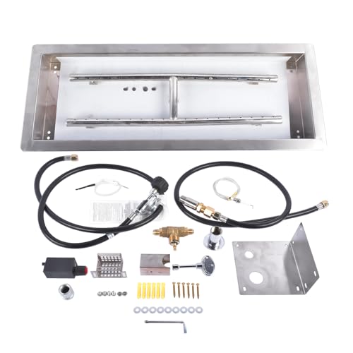 24 x 8 Inch Stainless Steel Propane Gas Rectangular Drop-in DIY Fire Pit Kit Burner Kit with H Burner & Spark Ignition 120,000 BTU