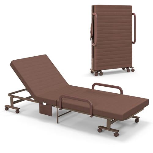KOMFOTT Folding Rollaway Bed with Mattress for Adults, Portable Guest Bed with 6 Positions Adjustable Backrest, Foldable Reinforced Steel Frame Rolling Bed with Side Storage Pocket