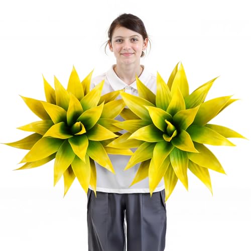 Image of Velener Artificial Agave Plant Set, 28 Inch, Faux Aesthetic Plants for Home Decor, Realistic UV Resistant Fake Yellow Agave Plants Without Pot, Set of 2