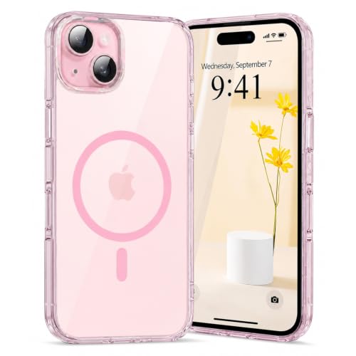 Image of Elzzi Translucent Clear Back Cover Compatible with (iPhone 15 Case)(2023), PC Shockproof Scratch Resistant, Non-Yellowing, Support Mag-Safe Wireless Magnetic Charging - Pink|6.1''