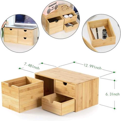 Wisuce Bamboo Desk Drawer Organizer, Desktop Organizer with Drawers Tabletop Storage Organization Box for Office Home Toiletries Supplies Vanity, No Assembly Required(3 Drawers-left right) by Wisuce - Image 5