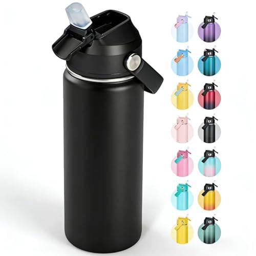 Fijinhom 18oz Insulated Stainless Steel Water Bottle, Wide Mouth Double Wall Vacuum, Silicone Straw, Sweat & Leak Proof, BPA Free Insulated Water Flask for Travel, Keep Cold 24h Hot 12h, Black