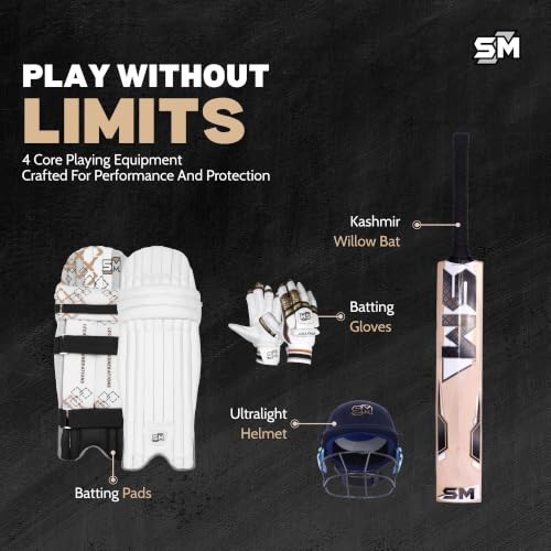 Image of SM Legend Complete Cricket Kit for Men | Cricket Set | 8-Piece: Kashmir Willow Bat + Premium Cloth Helmet + Calf Skin Gloves + Thigh + Arm + Abdominal Guard | Top-of-Range Club Kit | Size SH