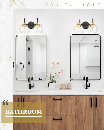 Image of Bathroom Light Fixtures, 2-Light Black and Gold Vanity Lights with Globe Clear Glass, Modern Vanity Lighting Fixtures Over Mirror, AD-22280-2W-KG