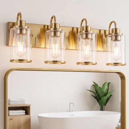 Image of Beionxii 4 Light Bathroom Light Fixtures, Gold Vanity Lights with Clear Glass Shades, Modern Vanity Lights Over Mirror, Wall Sconces for Kitchen Living Room Hallway Cabinet Porch, BX-VL01BG-4CG