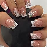 IMRAIN Press-on Nails: White French Tips, Glossy False Nails, Bling Glitter, Full Cover Flower Design, Gel Glue on, Acrylic Nails for Women & Girls