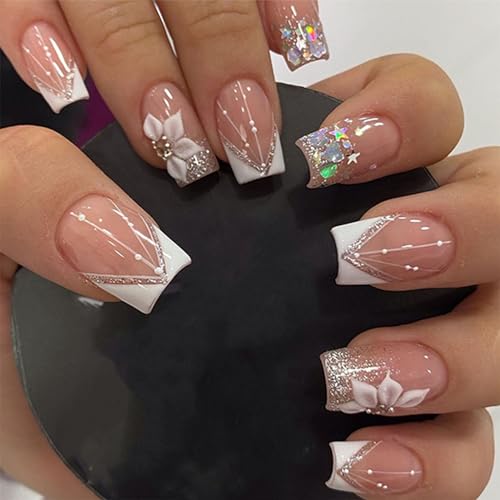 IMRAIN Press-on Nails: White French Tips, Glossy False Nails, Bli...