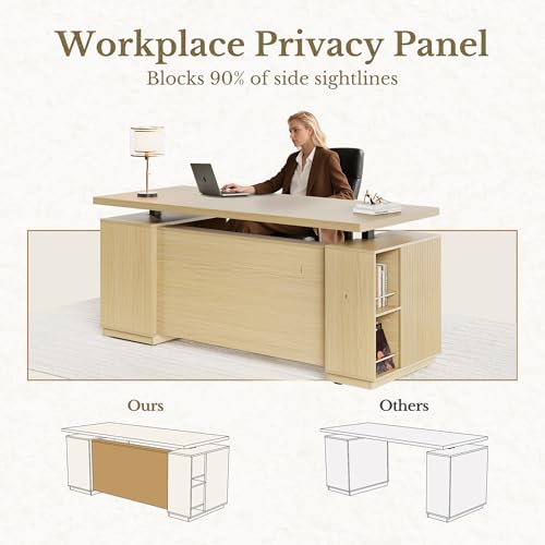 Perledesign 70" Standing Desk with Storage, Executive Electric Height Adjustable Stand Up Desk with AC/USB and Privacy Panel, Large One-Piece Destop, Fluted Computer Desk for Home Office, Light Walnut - Image 5