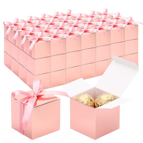 EUSOAR Candy Boxes Party Favors, 120pcs 2x2x2 Inches Mini Boxes Candy Box with Ribbons, Square Bakery Cookies Box Paper Chocolate Containers for Wedding Anniversary Bridal Party Favor Decoration