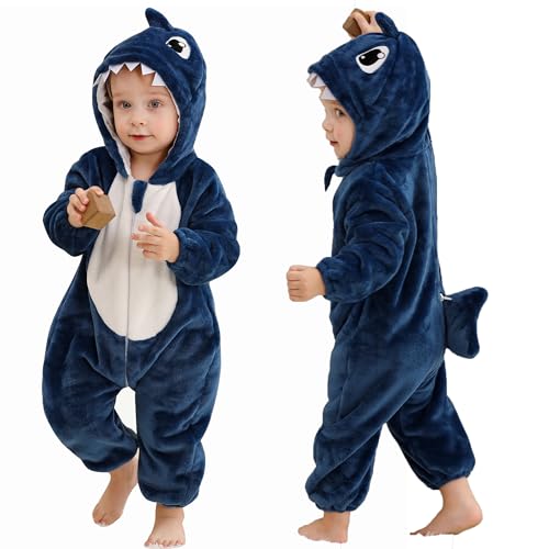 COOKY.D Bebé Animal con Capucha con Cremallera Mono Recién Nacido Niños Niñas Franela Pijama Niños Pequeños Ropa De Abrigo,Tiburón Azul 12-18 Meses