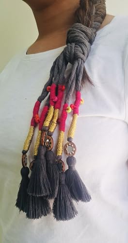Image of Zippy Flora Handmade Boho Parandi /Paranda for Women | Traditional Punjabi Hair Accessory, Braid Tassels, Choti Hair Extension with Thread & Beads (Neelima Dark Grey)